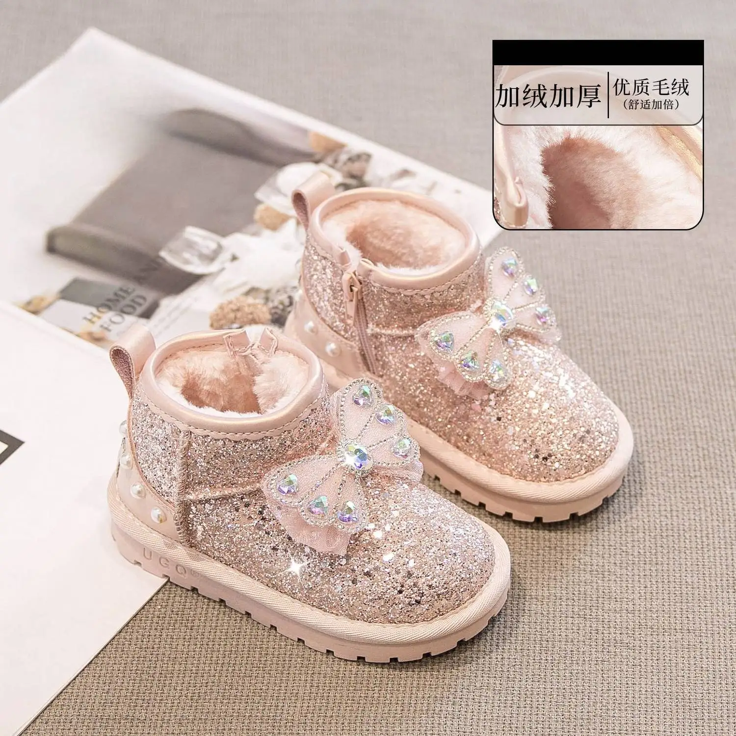 New Winter Bow Sequin Cotton Shoes Girl Kids Fleece-Lined Warm Short Boots Baby Soft Sole Comfortable Snow Boots Children Casual