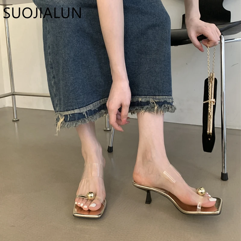 SUOJIALUN Summer New Brand Women Slipper Fashion Gold Buckle Ladies Elegnat Slides Thin High Heel Outdoor Dress Vaction Sandal