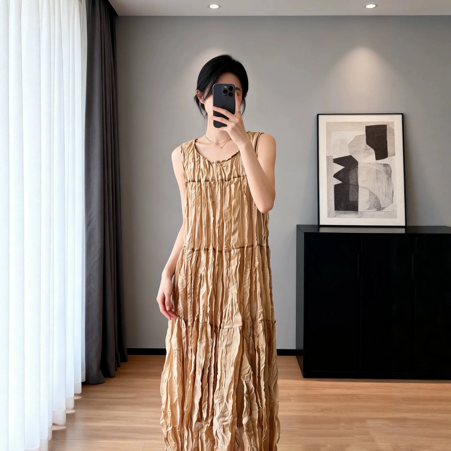 

Miyake Pleated Women's Casual Dresses 2026 New Japanese Design Simple Solid Color Round Neck Sleeveless Loose Elegant Cake Dress