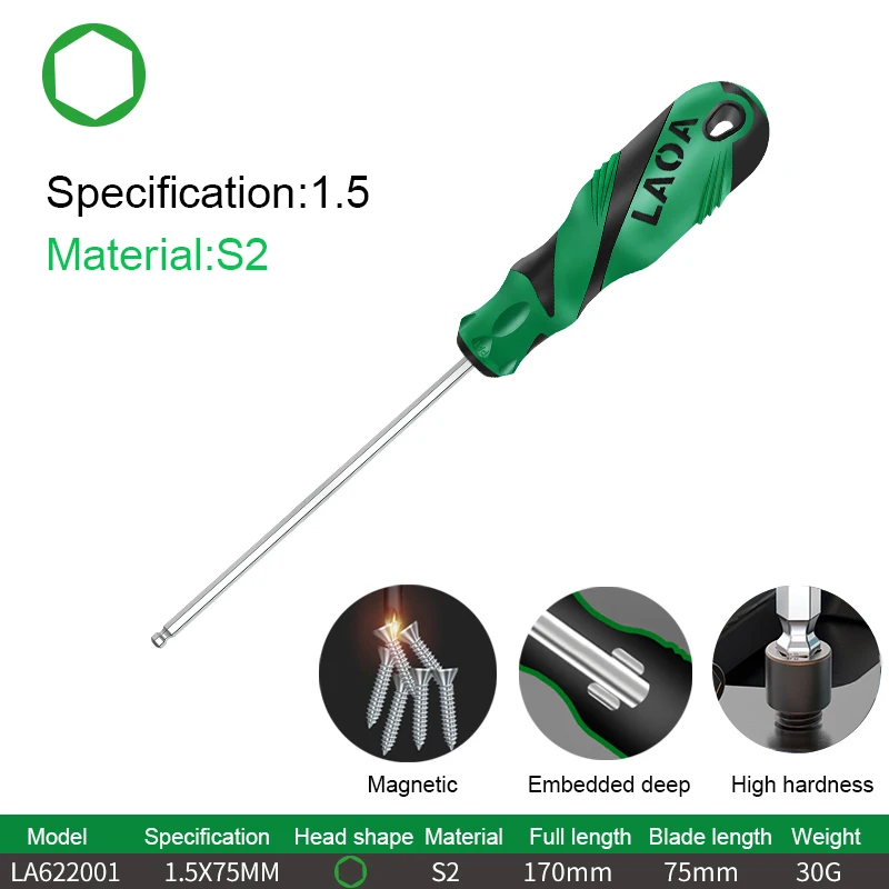 Laoa 1 stücke Sechs kant schrauben dreher Kugelkopf schrauben dreher mit Magnetismus Flach kopfs ch rauben dreher s2 58hrc legierter Stahl Anti-Rutsch-Griff