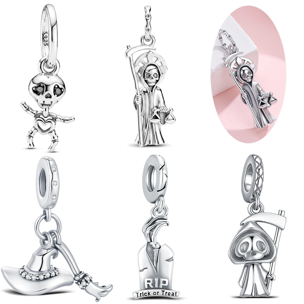 925 Sterling Silver Grim Reaper Halloween Charm Skeleton Witch Hat Tombstone Rip Dangle Bead Fit Original Bracelet For Women