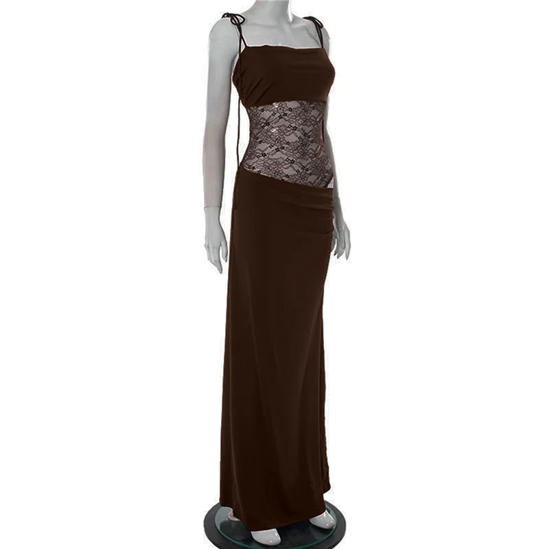 A83F-Women's Lace Splicing Cutout Maxi Dress Square Neck Sleeveless Bodycon Long Dress With Sheer Corset