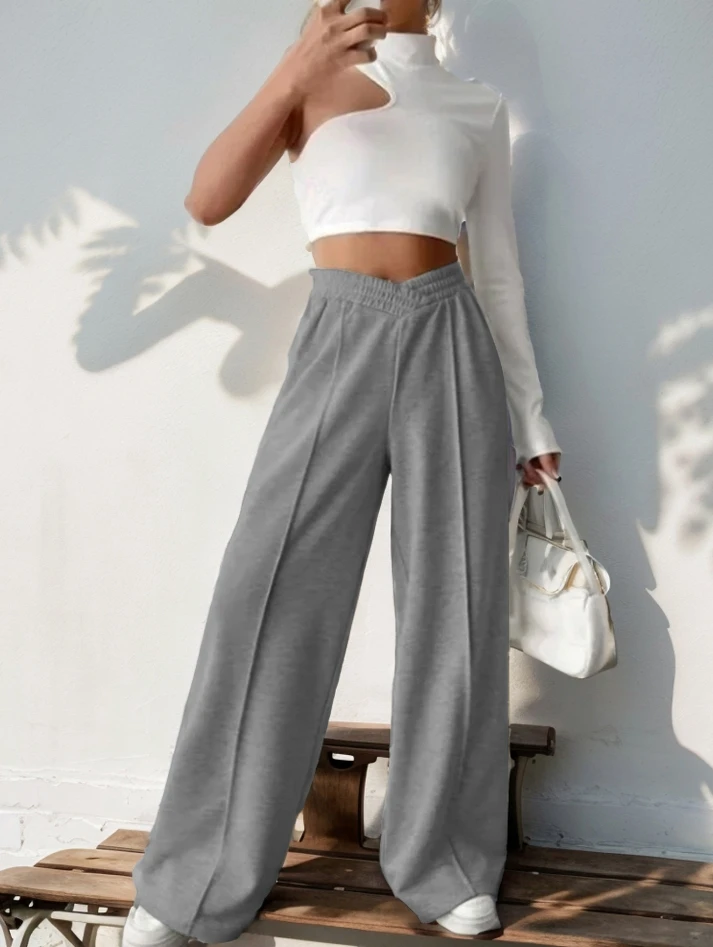 Athleisure Women's Pants Grey Loose Wide Leg Pants V-shaped High Waist Spliced Wide Leg Pants 2024 Women's Casual Loose Trouser