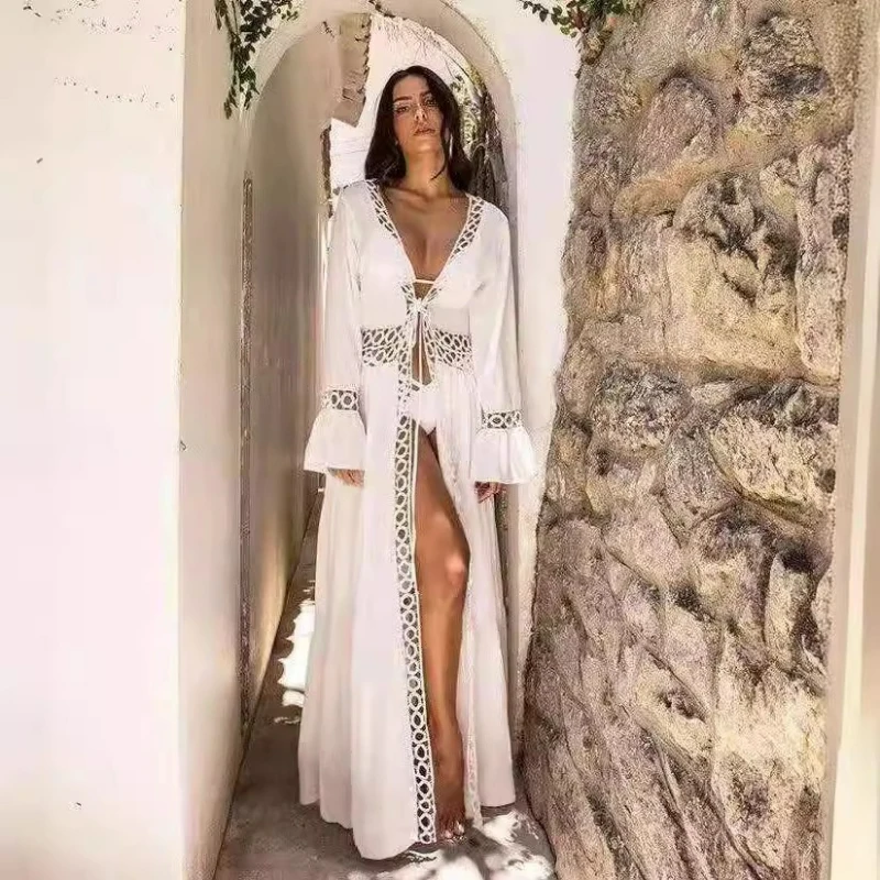 Women Swimwear Long Cardigan Cover-Ups V Neck Flare Sleeved Cover Up Elegant Lady Hollow Out Loose Capes Beach Summer 2025