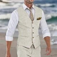 Chaleco de traje de lino Beige para hombre, chaleco de una pieza para boda, verano, playa, cuello en V, costo de moda masculina