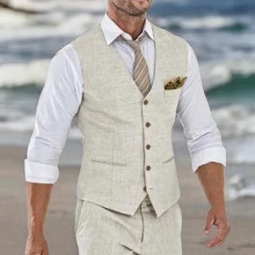 Chaleco de traje de lino Beige para hombre, chaleco de una pieza para boda, verano, playa, cuello en V, costo de moda masculina