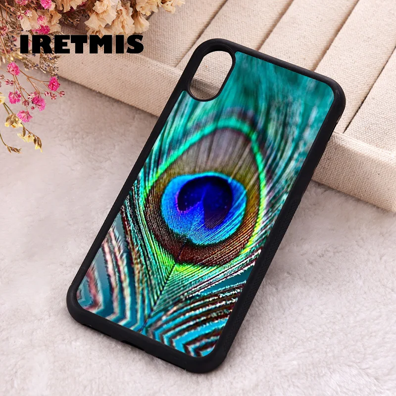 Iretmis Phone Cover Case For iPhone X XS Max XR 11 12 13 PRO MINI 14 15 16 Plus Rubber Silicone Peacock Feather