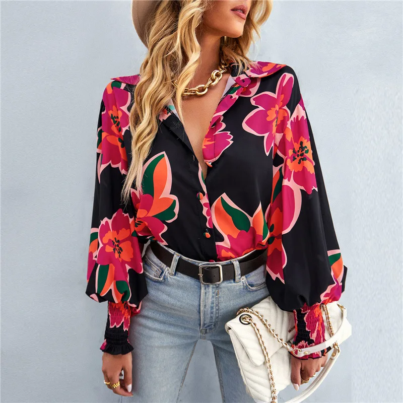 2024 Elegant V Neck Button Women Blouse Spring Fashion Print Shirts Tops New Autumn Long Sleeve Loose Blusas Lady Office Clothes