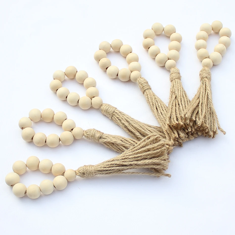 

12PCS Wood Bead Table Napkin Rings with Jute Rope Tassel Napkin Holder for Christmas French Country Wedding Party Decor