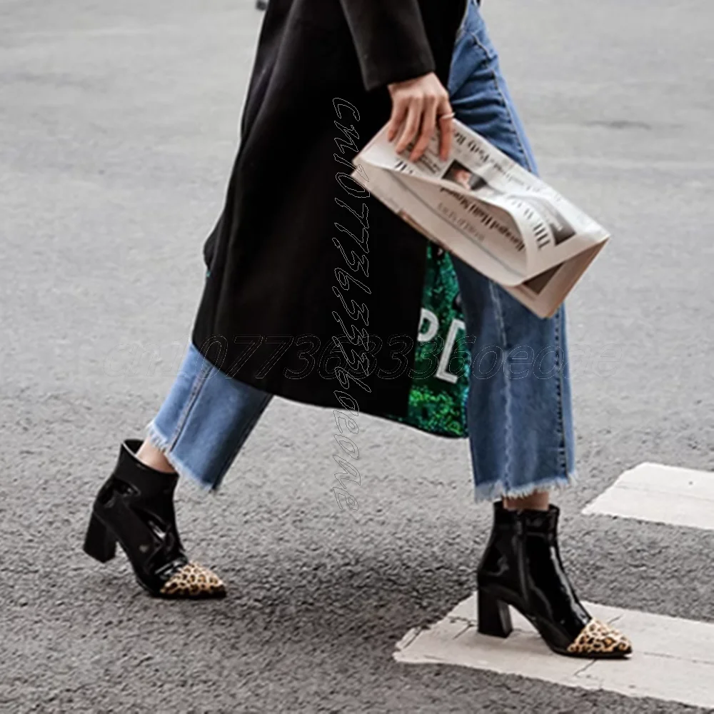 

Fall Winter Trendy High Heel Patent Leather Ankle Boots for Women Wine Red Black Apricot Spliced Leopard Print Short Boots