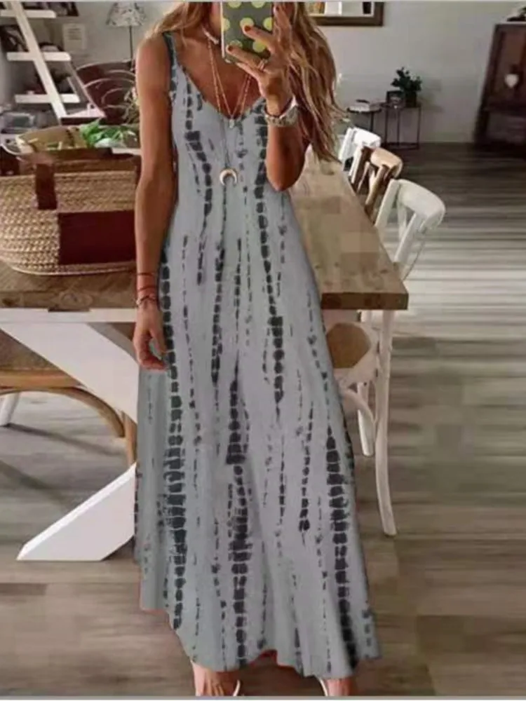 Vestido maxi estampado casual feminino, vestido de cinta esparguete, decote em v, sem encosto, linha A, longo, estilo boêmio, moda praia