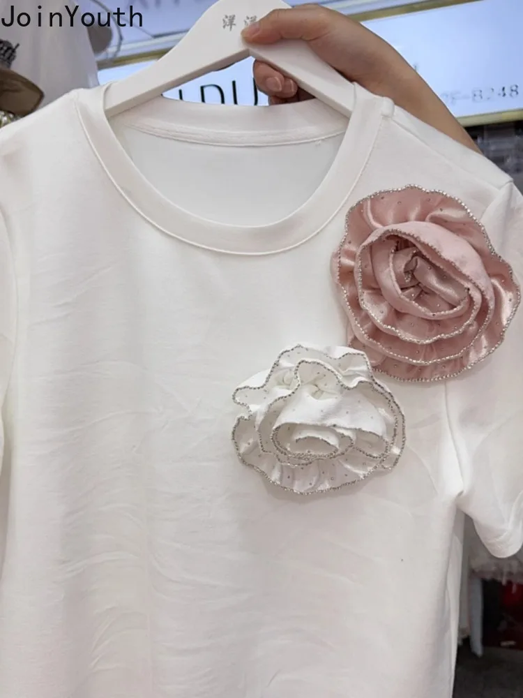 Camiseta feminina branca de manga curta com decote em O, tops grandes, floral 3D diamante, casual Y2k, chique, coreana, verão