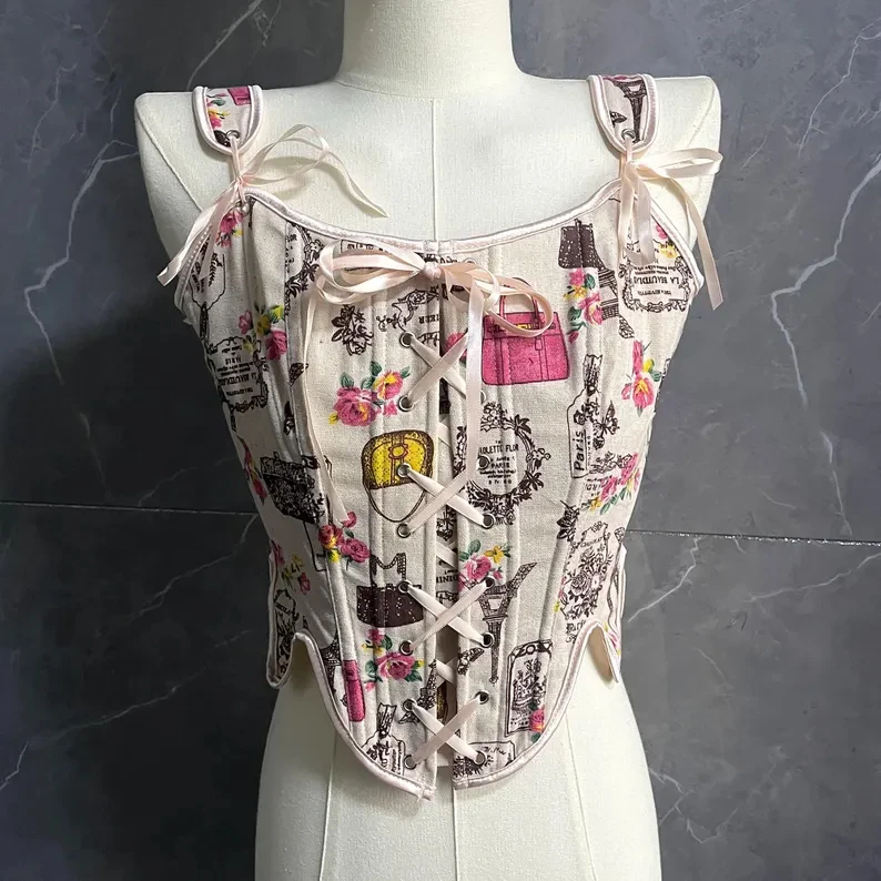 

Vintage oil painting elegant fashion corset top, renaissance corset, lace-up crop top, short floral corset