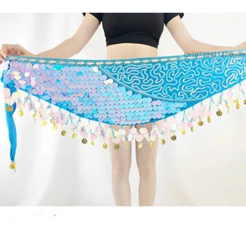 Neue Bauchtanz Pailletten Quaste Hüfte Schal Rock Samt Hängen Münze Taille Schal Kupfer Gong Stück Taille Rock Dance Performance