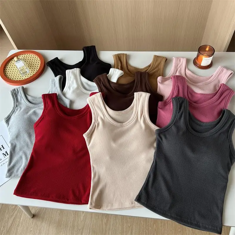 

Women Solid Color O Neck Ribbed Tank Top Wide shoulder Strap Camisole 2025 Summer autumn Basic Camisole Elastic Tank Tops