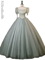 New Green Quinceanera Dresses Tulle Long Prom Dresses Short Sleeves Evening Gowns