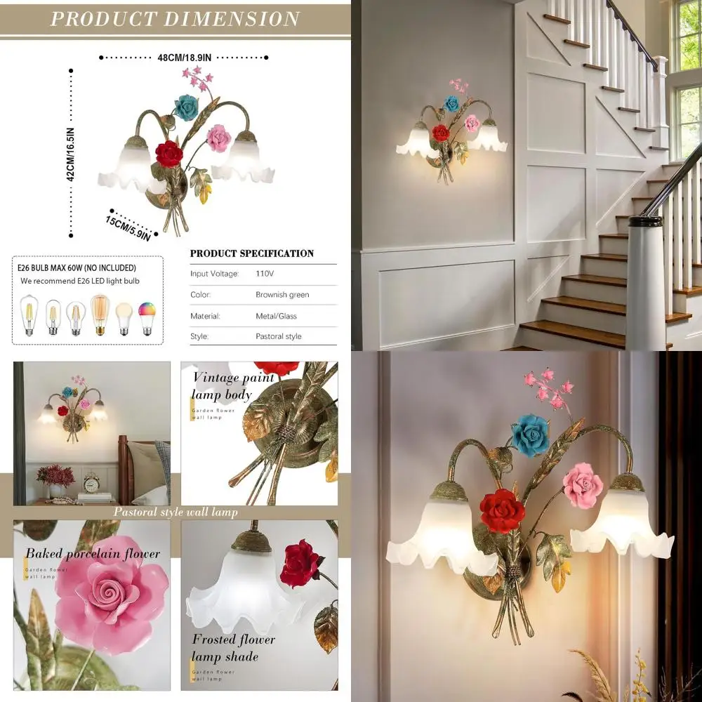 

Elegant Vintage Floral Wall Sconce with 2 Glass Shades, Metal Art Lamp for Home Decor, 48x42cm