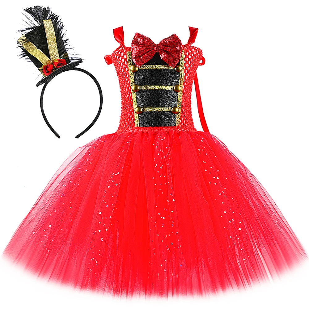 Girls Circus Ringmaster Costume Glitter Red Greatest Showman Nutcracker Tutu Dress Kids Halloween Christmas Carnival Dress Up