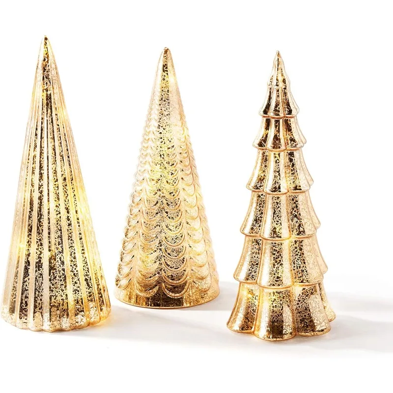 

Table Top Christmas Tree Decorations with Fairy Lights, Set of 3 Assorted Trees, 10 Inch Tall, Gold Mercury Glass Finish,