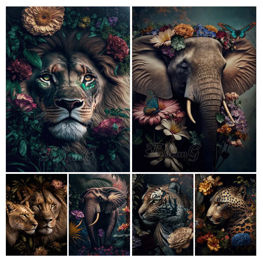 Diy 5d Diamond Painting Cross Stitch Elephant Lion Tiger Full Rhinestone Embroidery Picture Mosaic Animals Wall Decor AA4503