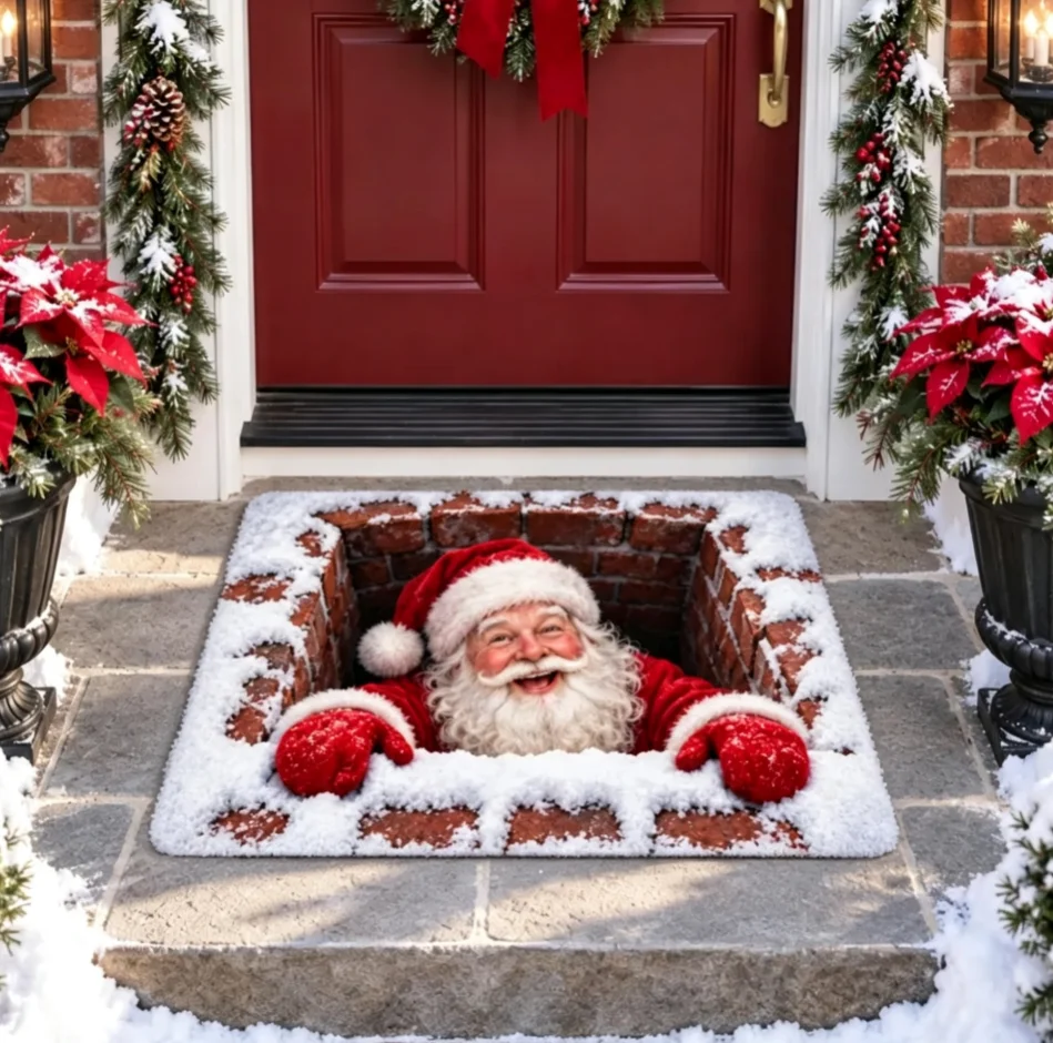 3D Santa Claus Hole Doormat, Funny Christmas Illusion Door Mat, Christmas Front Door Decor Holiday Gift, Non Slip Doormat