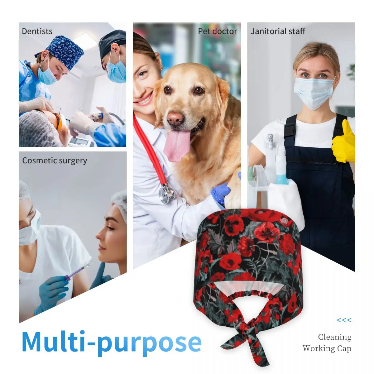 Poppy Gard Scrub Hat Doctor Working Surgical Cap Men Women Adjustable Nursing Caps for Dentist