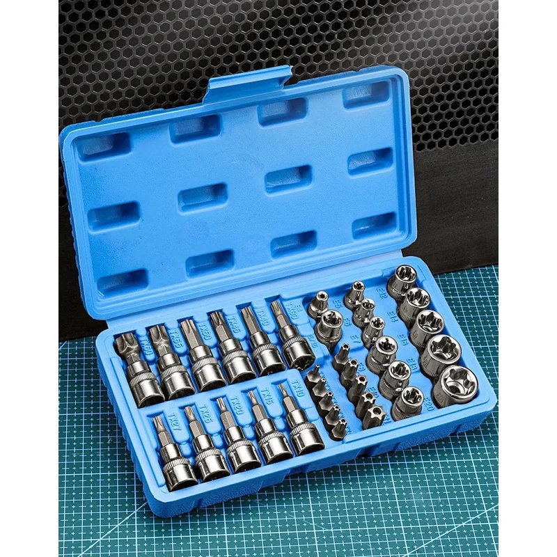 34Pcs Torx Bit Socket Set, Includes T-Star Bits & E-Torx External Star Sockets, 1/4