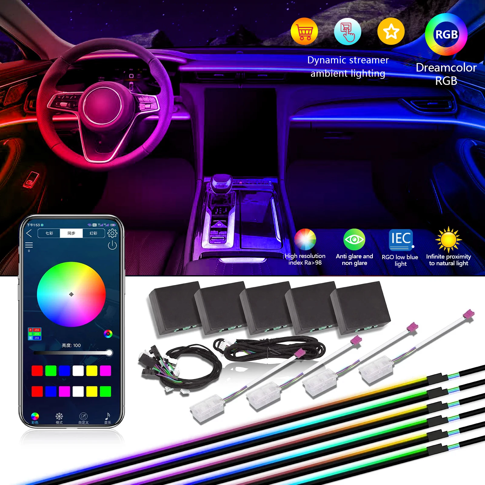 90 سنتيمتر 110 سنتيمتر 140 سنتيمتر تمديد سيارة LED شريط إضاءة محيطي عدة ، اللون السحري 64 ألوان APP قابل للتعديل متعدد الأوضاع 12 فولت RGB سيمفوني #1