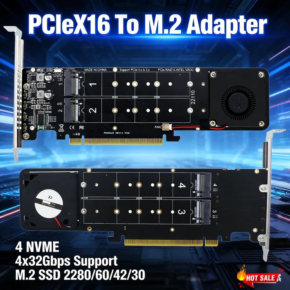 

PCIe X16 to 4 M.2 NVMe SSD Adapter Card M Key 4 NVME 32Gbps per Port Expansion Card for All M2 SSD Sizes