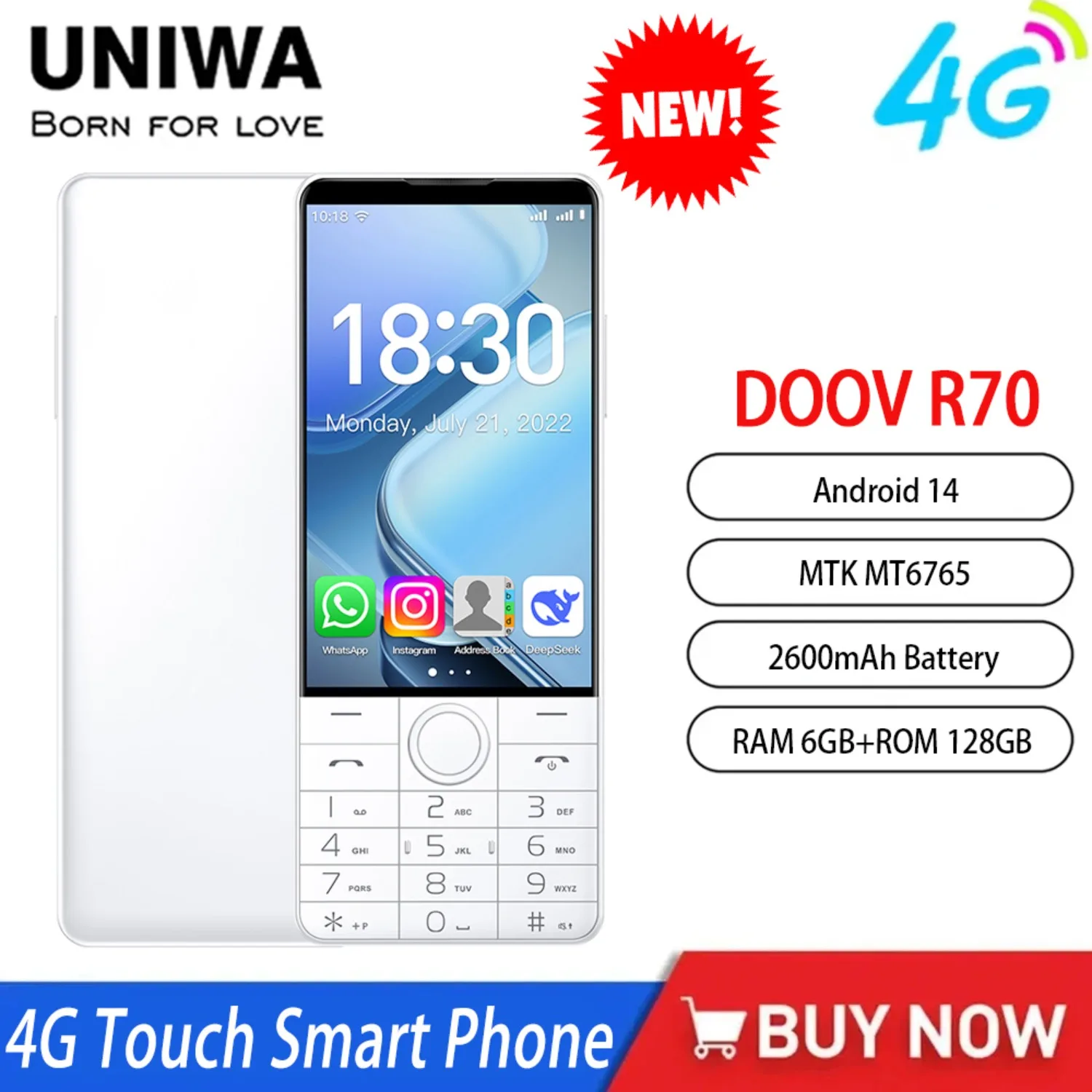 UNIWA DOOV R70 4G Touch Smart Google 4 " IPS 6GB+128GB Android14 Bluetooth Whatsapp 2600mAh Arabic Hebrew Russian Keyboard Phone