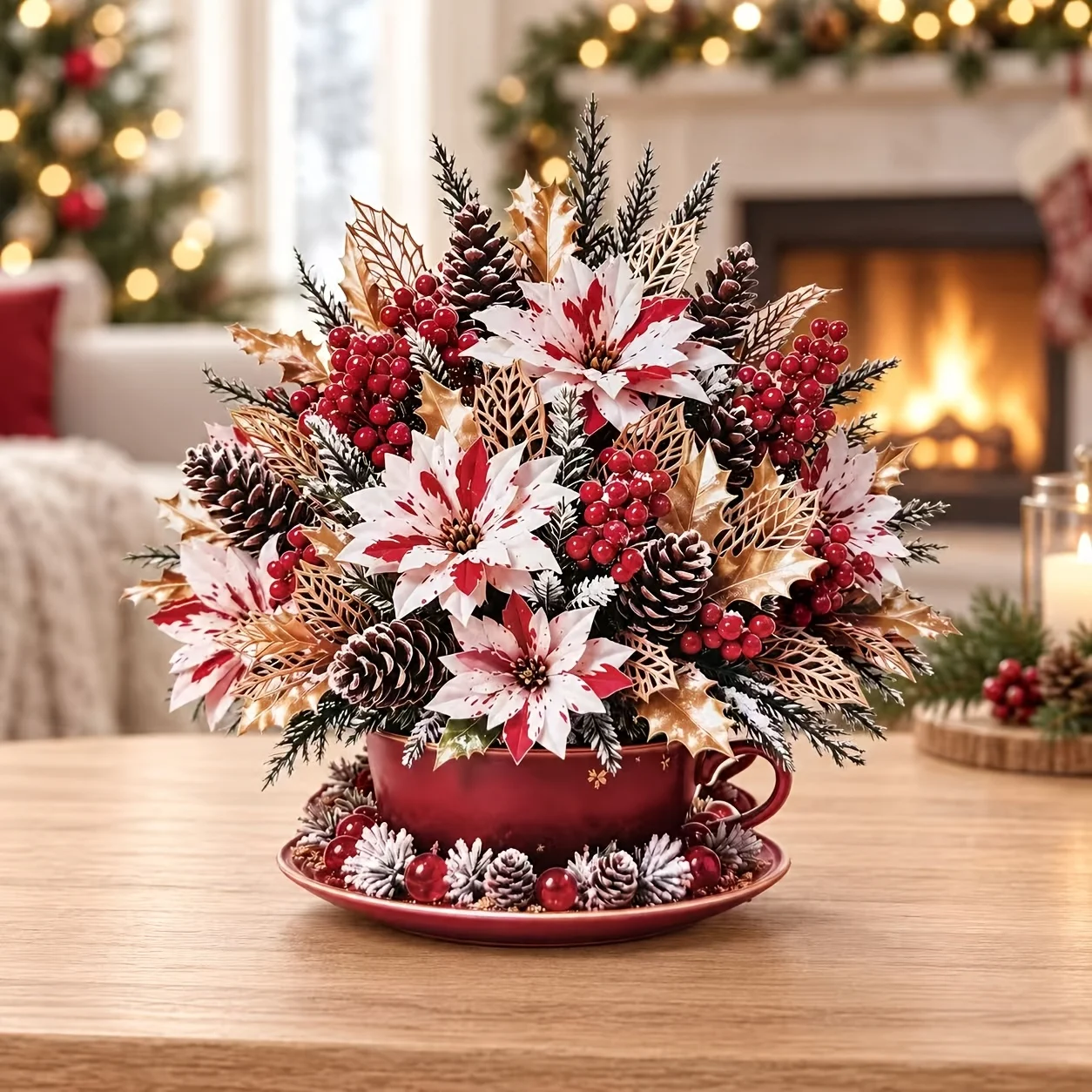 1 Piece Christmas Red Teacup-Shaped 3D Greeting Card with White Christmas Bouquet Design, Decorated with Pine Cones, Berries, and Golden Leaves, Foldable Holiday Greeting Card, Suitable for Family and Friends as Gifts,