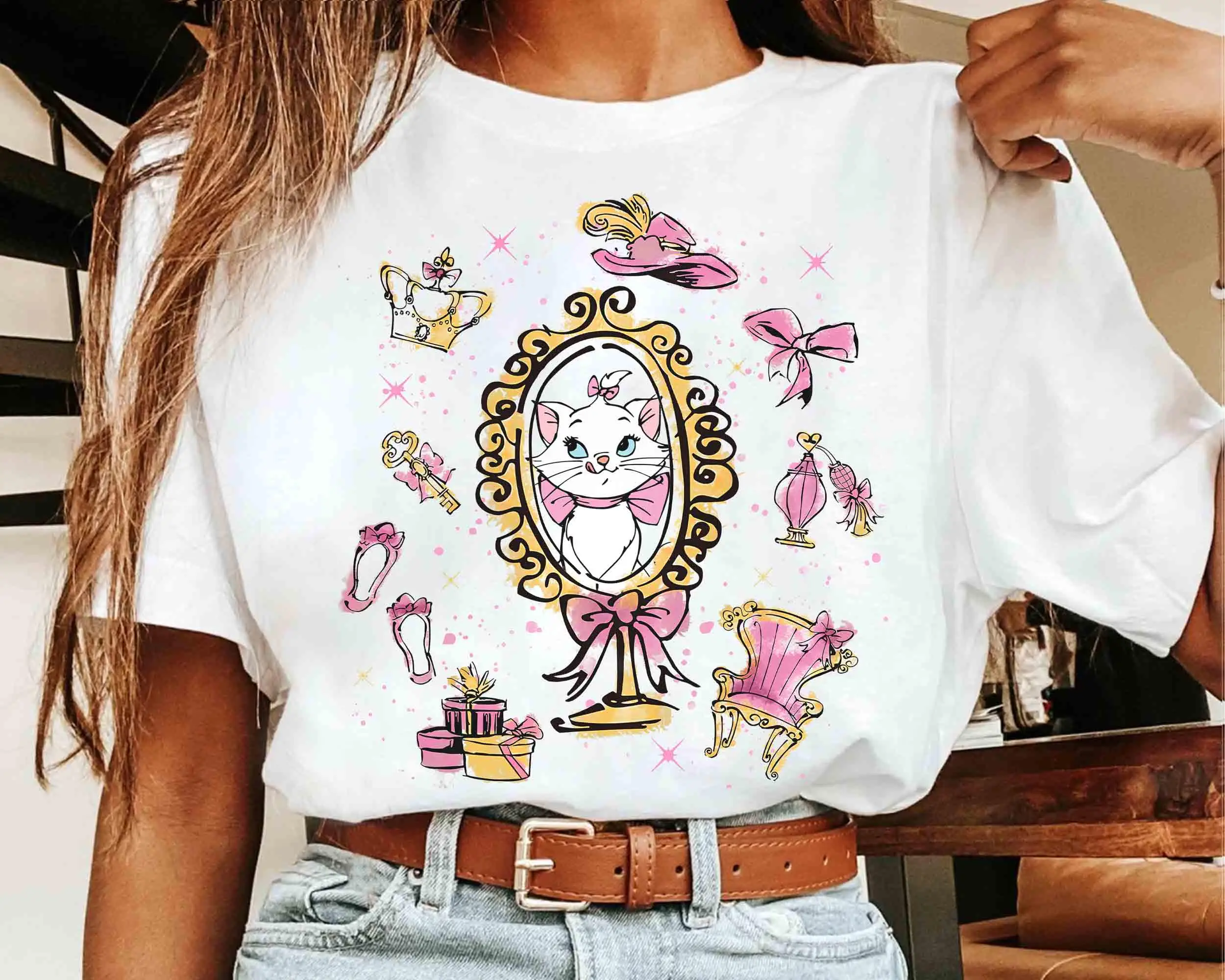 Coquette Bow Watercolor Disney Marie T-shirt "Because I'm a Lady" Shirt All-season cotton base shirt goth t-shirts