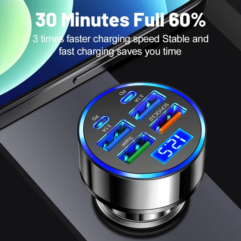 100W 5/6ports car charger PD qc3.0 USB C adapter Digital Display monitoring car fast charging for iPhone Samsung Huawei Xiaomi