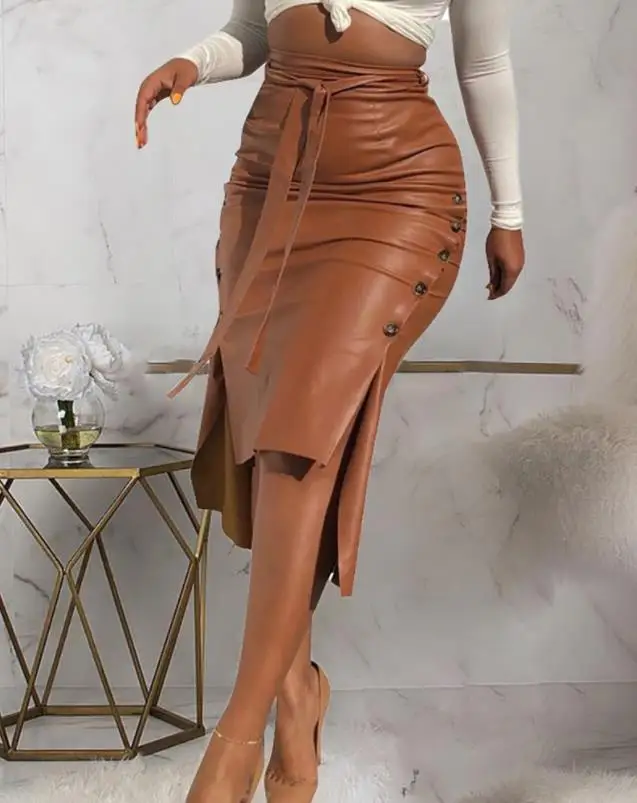 Women's Fashion Skirt 2024 Spring Summer Latest Pu Leather Slit Tied Detail Ruched Button Skirt Mid Calf Skinny Versatile Maxi