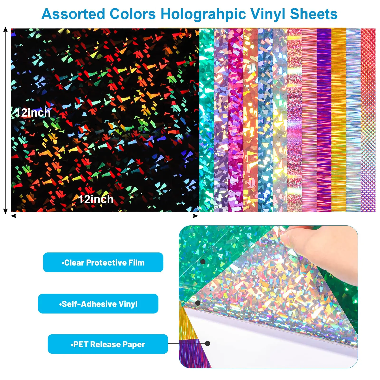 Sparkling Holographic Glitter Vinyl Adhesive Roll - Durable & Shimmering Finish for Cricut Decor Stickers, Car Decals, Scrapbook