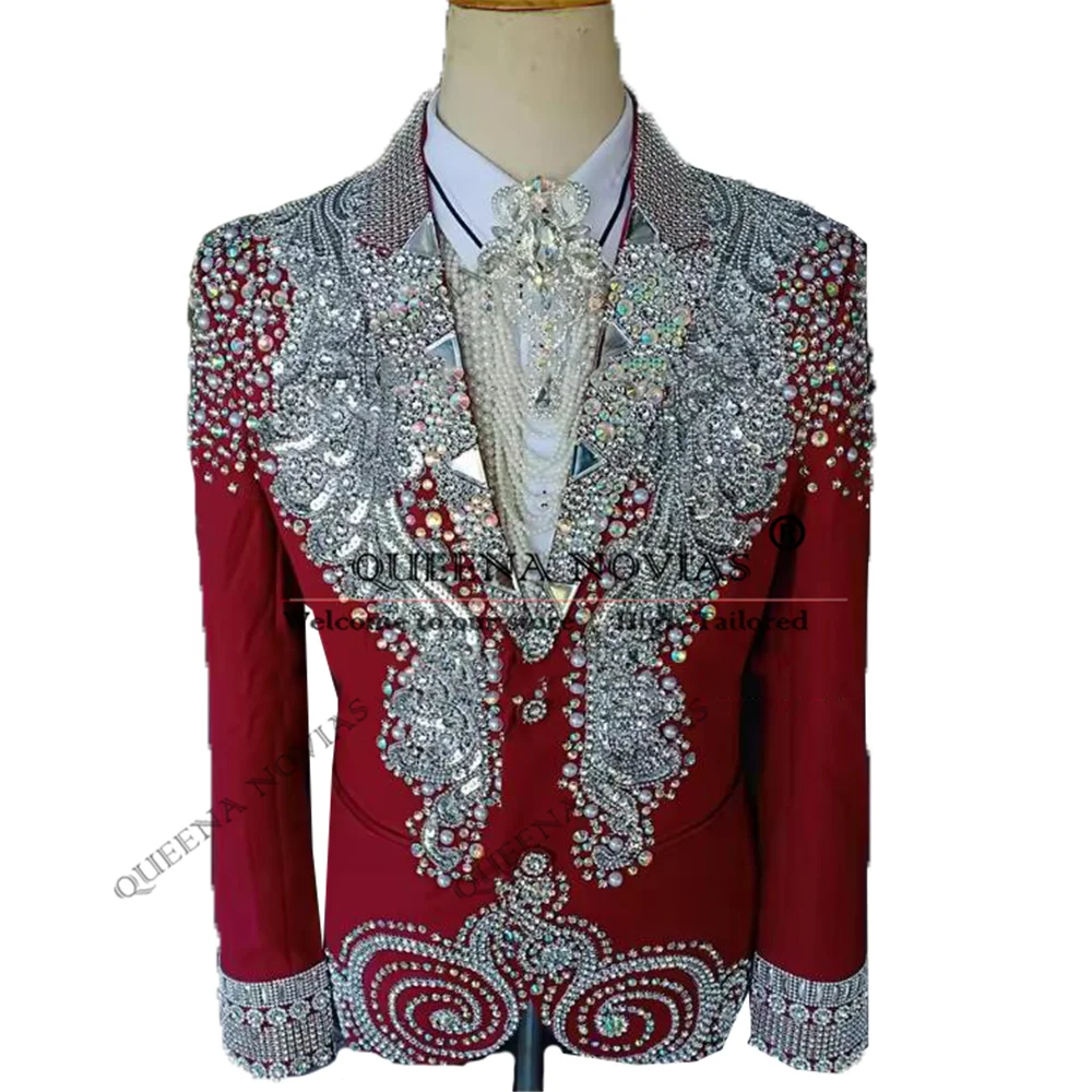 Jewelry Stones Ornament Red Suits Men 2 Piece Set Peaked Lapel Prom Blazers Customized Man Banquet Groom Wedding Tuxedos Outfits