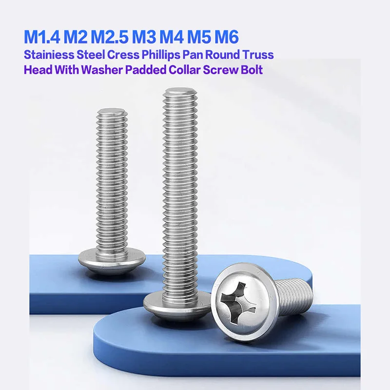 

5~100pcs 304 Stainless Steel Cross Phillips Pan Round Truss Head With Washer Padded Collar Screw Bolt M1.4 M2 M2.5 M3 M4 M5 M6