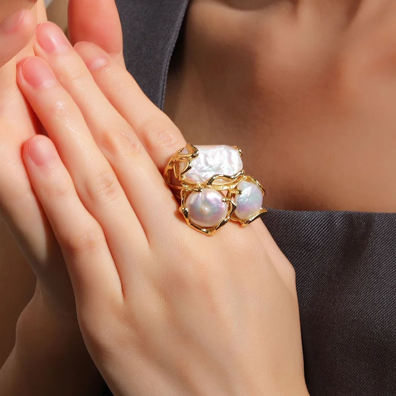 Gold Plated Three Pearl Rings Natural Baroque Freshwater Pearl Ring High Quality for Women Wedding Celebration Party Gift