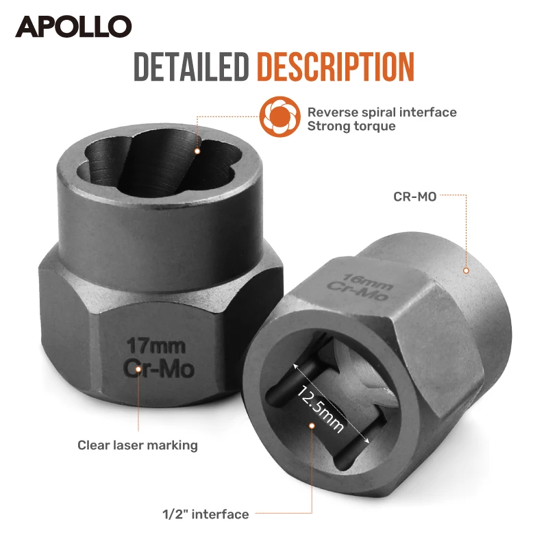 مستخرج صامولة أبولو التالفة/الصدأ، مقبس تأثير الخيط العكسي مع مزيل مضاد للسرقة للإطارات المقطوعة وإصلاح السيارات