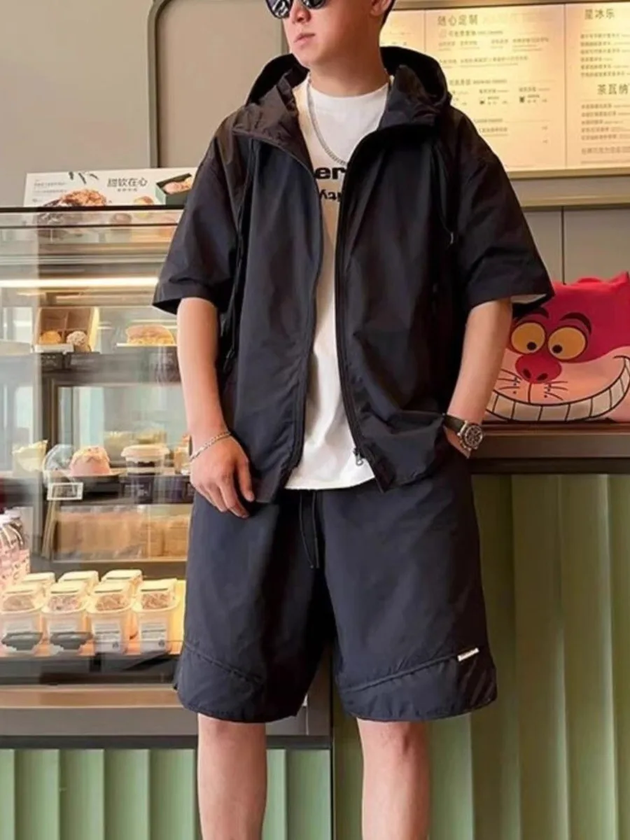 Summer Men Tracksuit Chic Hooded Quick Drying Set Short Sleeve Shorts Casual Zip Shirt Couple Youth Korean Loose Two Piece Set