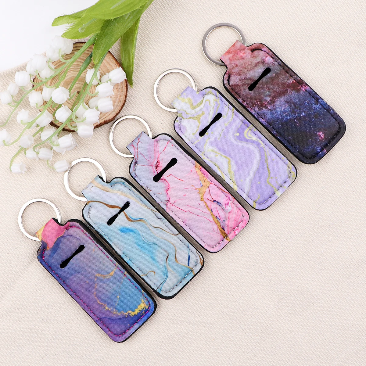 Marble Pattern Lipstick Holder Keychain Portable Lipstick Cases Cover Balm Holders Keyring Gifts Bag Travel Accessories