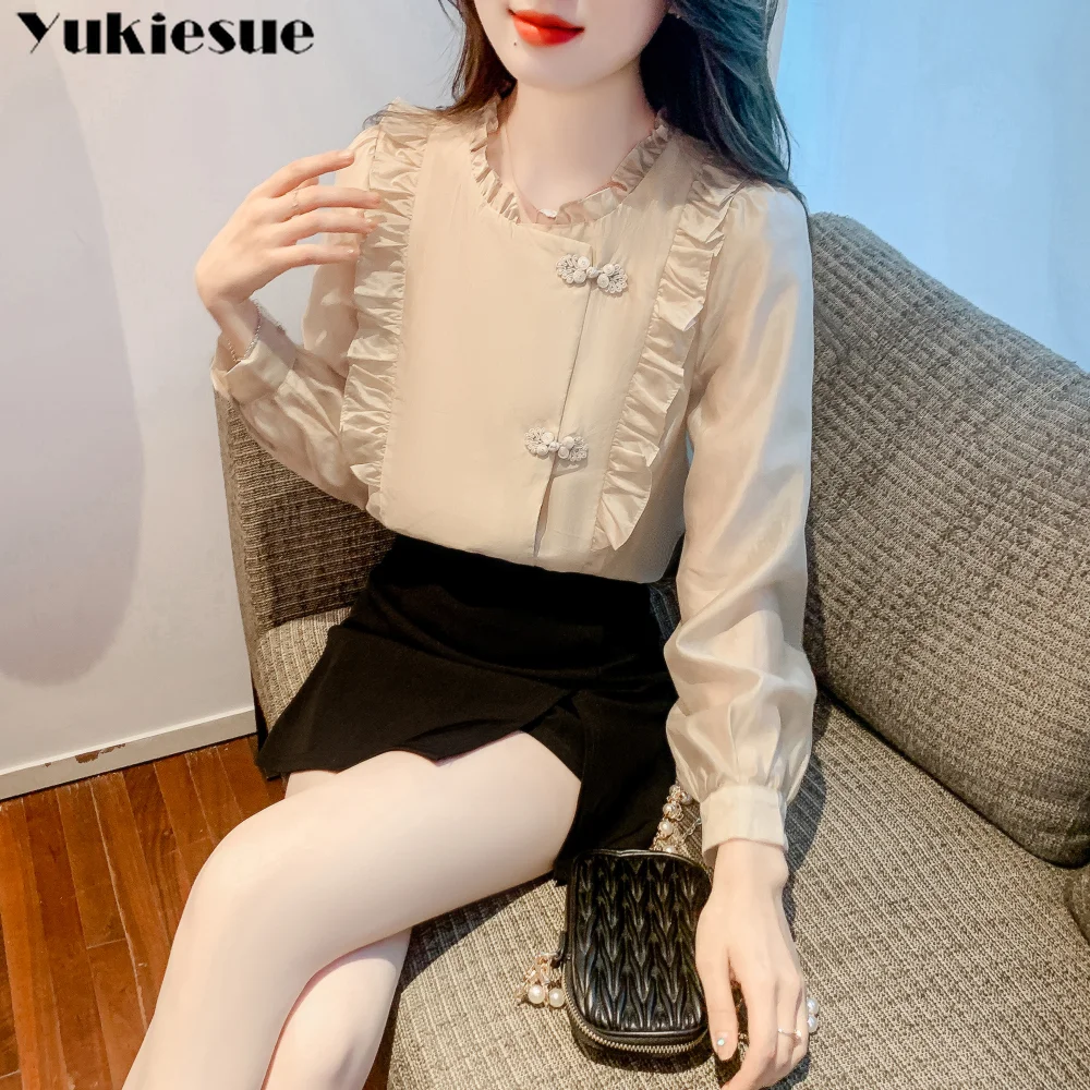 Moda elegante coreano lazer harajuku design vintage sentido esteticismo camisa nova primavera outono manga longa versátil babados