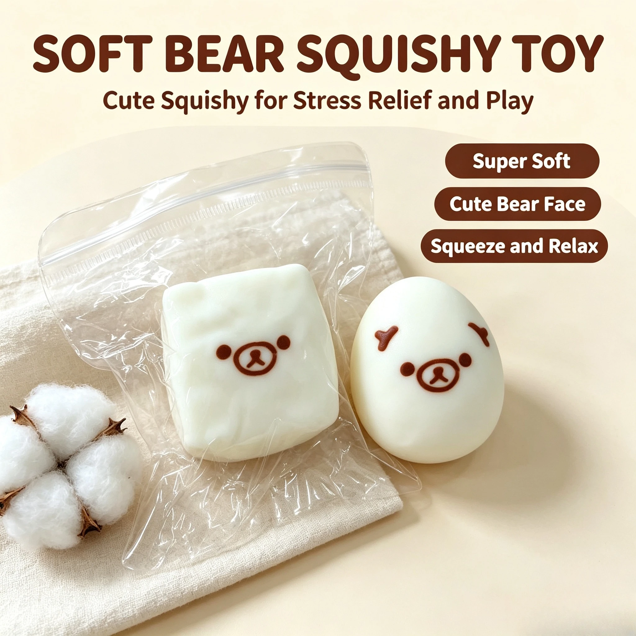 Square & Egg Bear Squishy Toy Soft Squeeze Fidget Toy Stress Relief Anxiety Relief Decompression Squishies Desktop Decor Gift