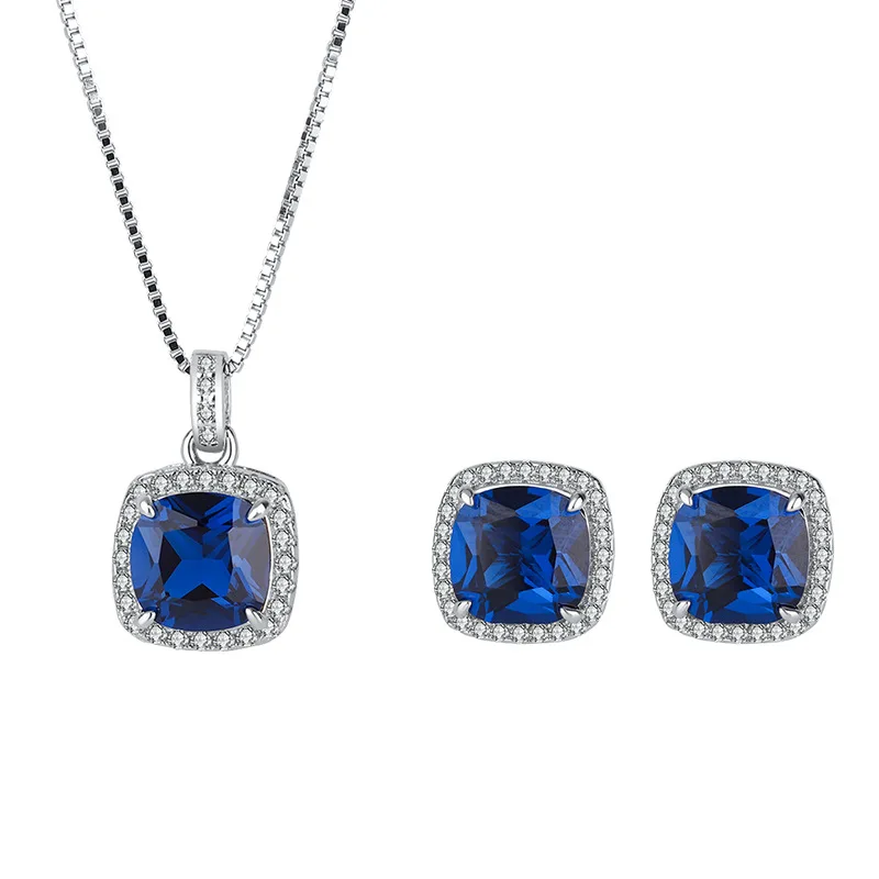Jewelry S925 Sterling Silver Hot Selling Blue Sapphire Full Diamond Inlaid Pendant Earrings Main Stone 8*8