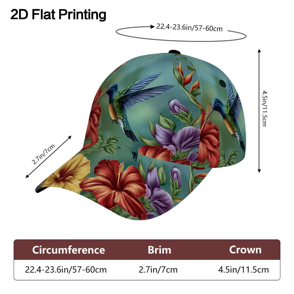 Custom [Hummingbird Print Baseball Cap] 2D Flat Hummingbird Among Vibrant Flowers Print Baseball Cap - 1pc, Woven, Adjustable