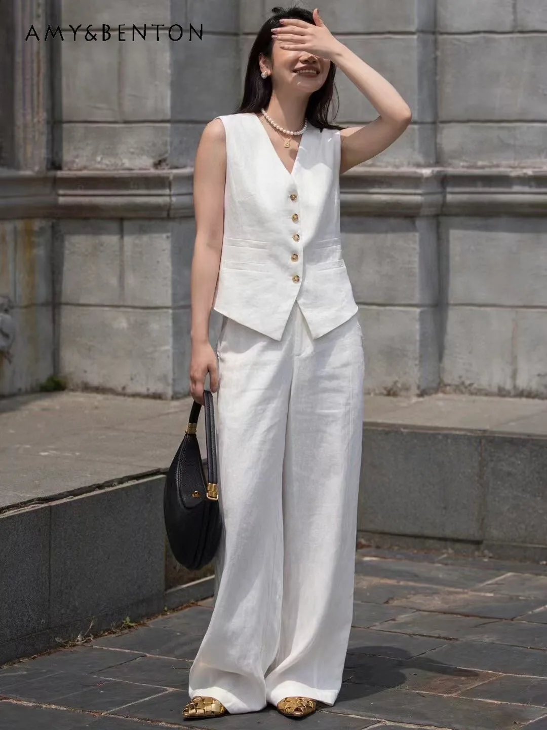 

Simple Commuter Style Fashion Suit Summer New High-end Temperament Linen Vest Wide-leg Pants Two Piece Sets Womens Outifits