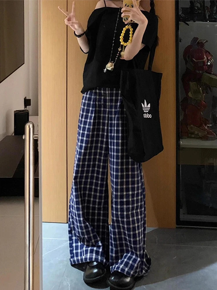 

Blue Vintage Plaid Men's Casual Pants High Waist Wide Leg Lazy Sle Loose Slimming Long Trousers Autumn Faion Trend