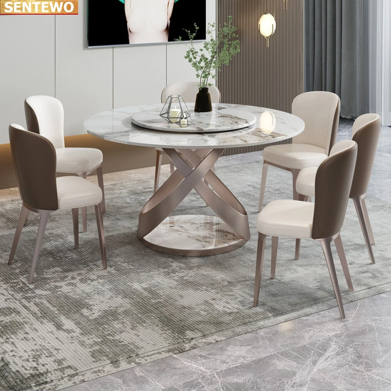 Designer Luxury round dinner Marble Rock Slab dining table set 6 chairs mesa de jantar esstisch marbre Stainless steel gold base