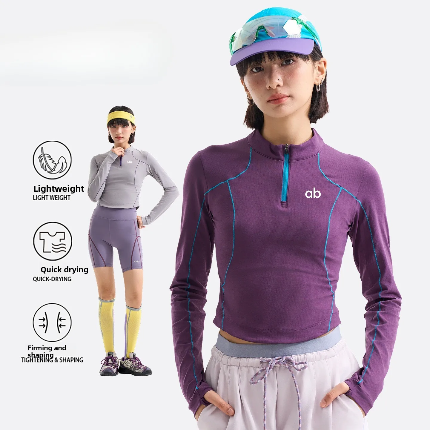 Women Quarter Zip Quick Dry Long Sleeve Top Lightweight Breathable Slim T-shirt Outdoor Hiking Yoga Fitness Streetwear