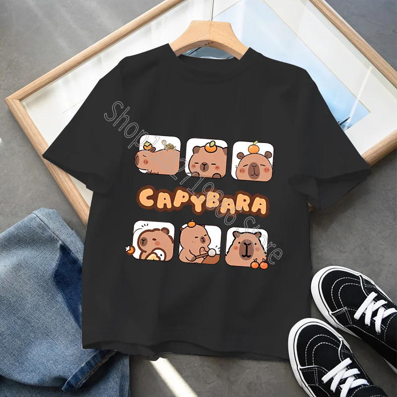Capybara Boys Girls Cotton T-shirt Cute Short Sleeves Cartoon Character Print Tops Cool Comfortable Shirts Baby Shower Gifts